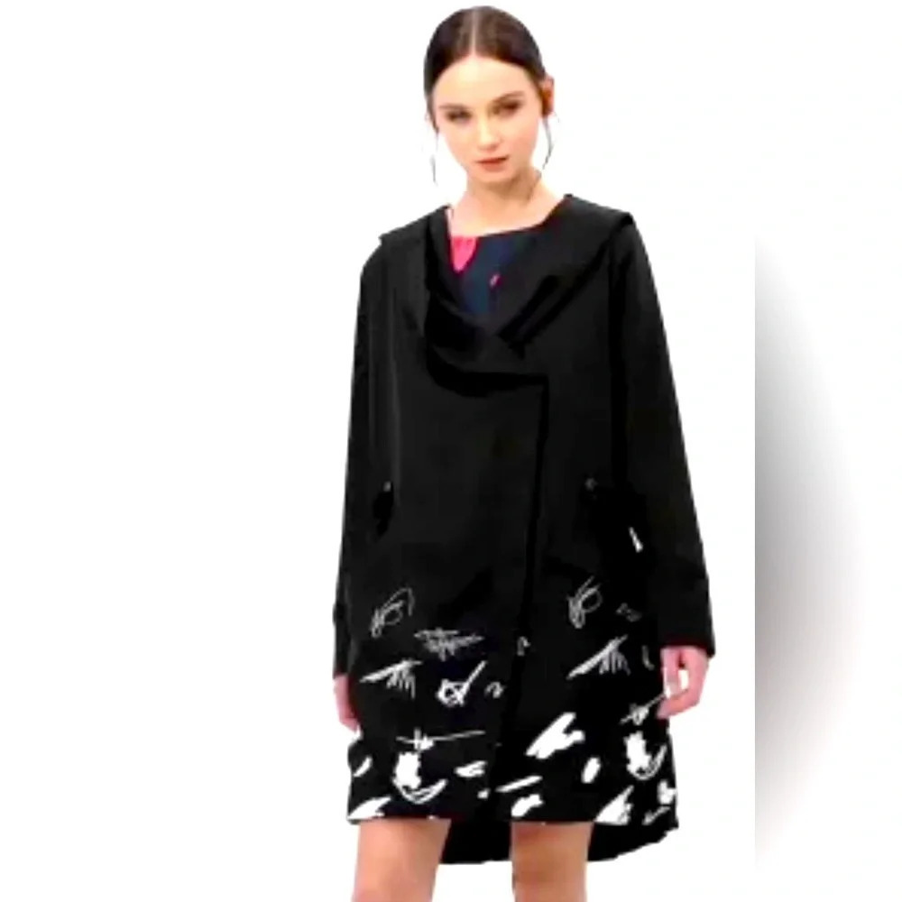 DESIGUAL Sz 36 Abstract  Script Red Heart Hooded Drawstrings Canvas Trench Coat